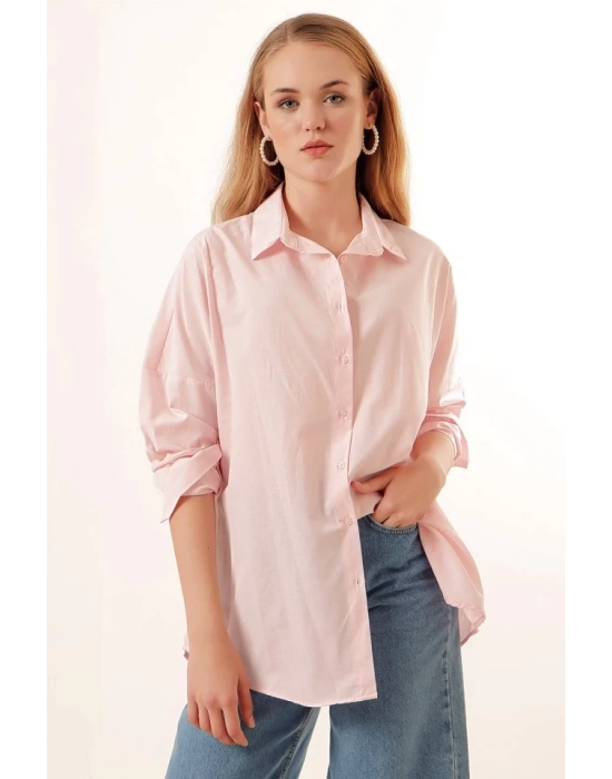 3900 Oversize Uzun Basic Gömlek - Pudra