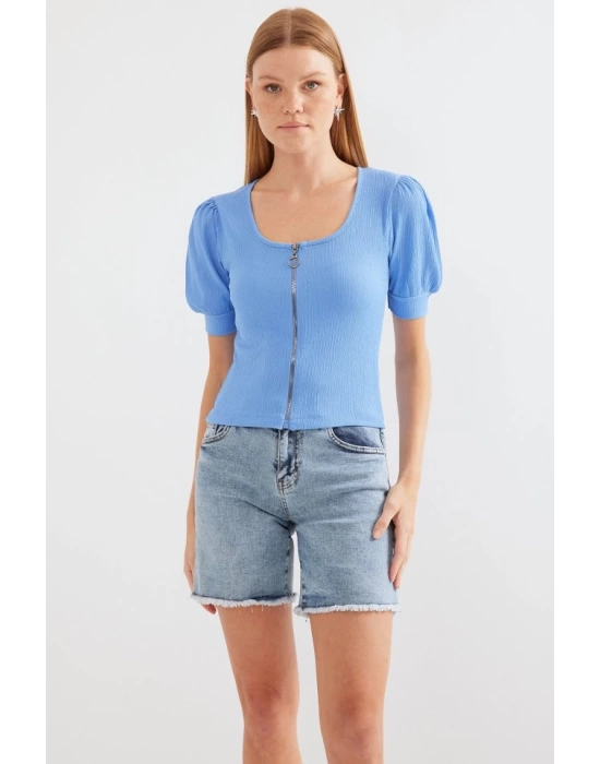 4316 Fermuarlı Örme Bluz - Mavi
