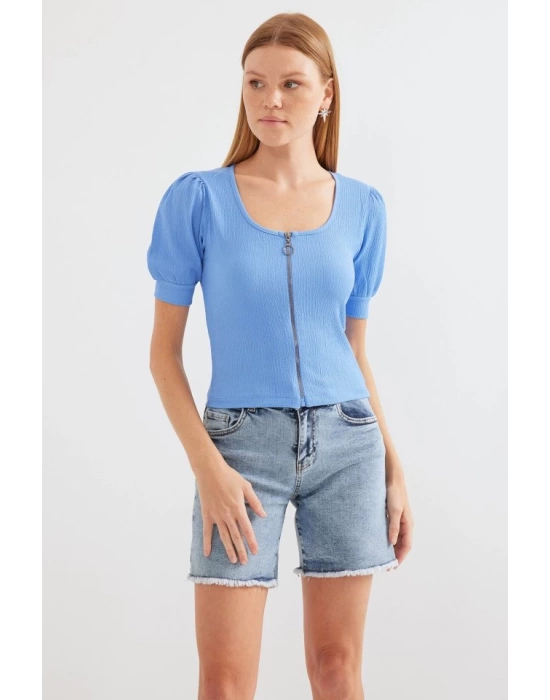 4316 Fermuarlı Örme Bluz - Mavi