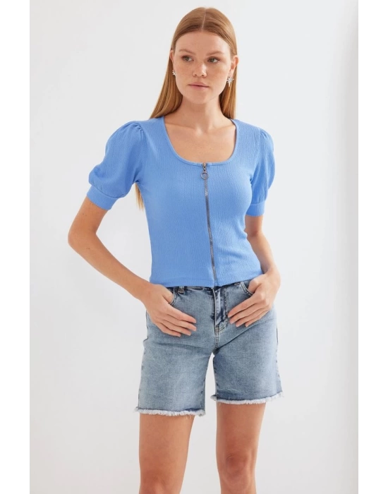 4316 Fermuarlı Örme Bluz - Mavi