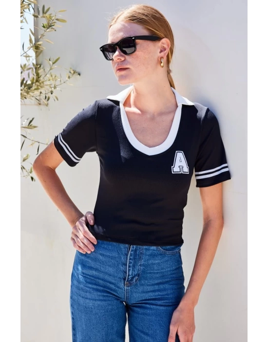 4320 Polo Yaka Basic Triko Bluz - Siyah