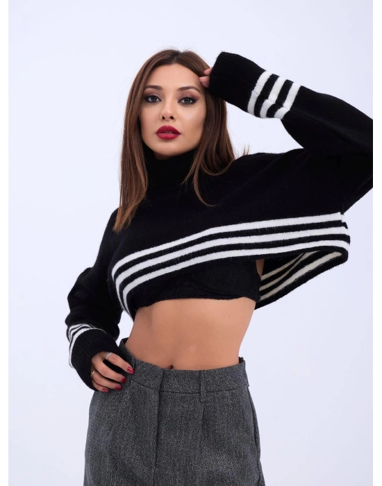 43241 TRİKO ÇİZGİLİ BALIKÇI CROP-SİYAH-EKRU