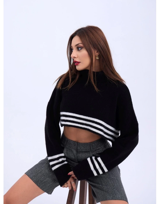 43241 TRİKO ÇİZGİLİ BALIKÇI CROP-SİYAH-EKRU