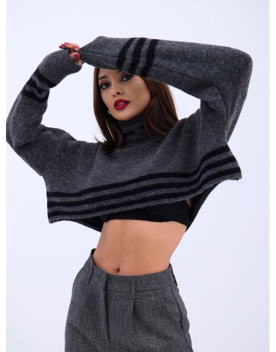 43241 TRİKO ÇİZGİLİ BALIKÇI CROP-SİYAH-EKRU