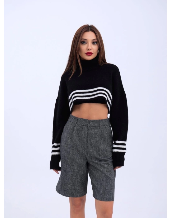 43241 TRİKO ÇİZGİLİ BALIKÇI CROP-SİYAH-EKRU