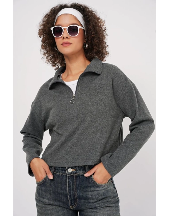 55449 Fermuarlı Yaka Örme Sweatshirt - Antrasit