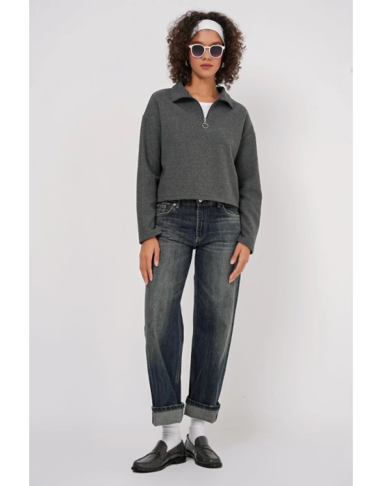 55449 Fermuarlı Yaka Örme Sweatshirt - Antrasit