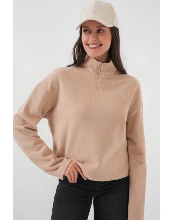 55449 Fermuarlı Yaka Örme Sweatshirt - Camel