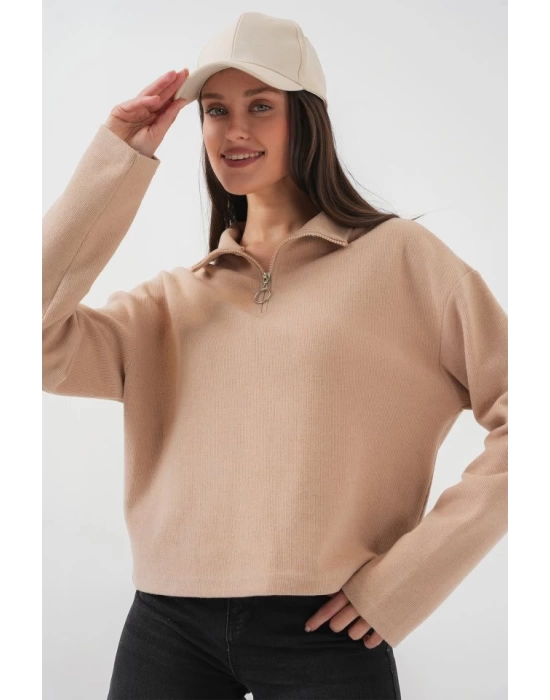 55449 Fermuarlı Yaka Örme Sweatshirt - Camel
