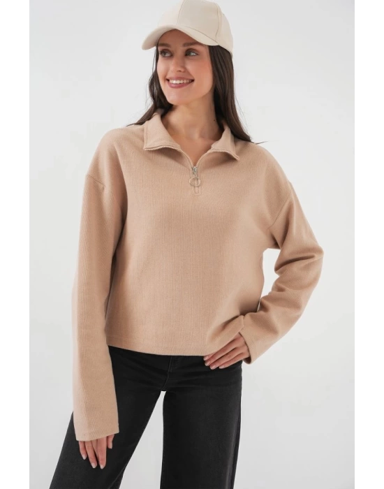 55449 Fermuarlı Yaka Örme Sweatshirt - Camel