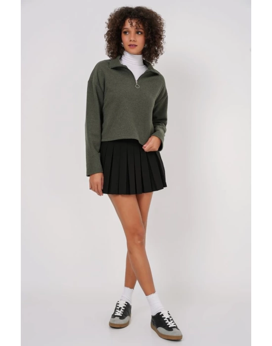 55449 Fermuarlı Yaka Örme Sweatshirt - Haki