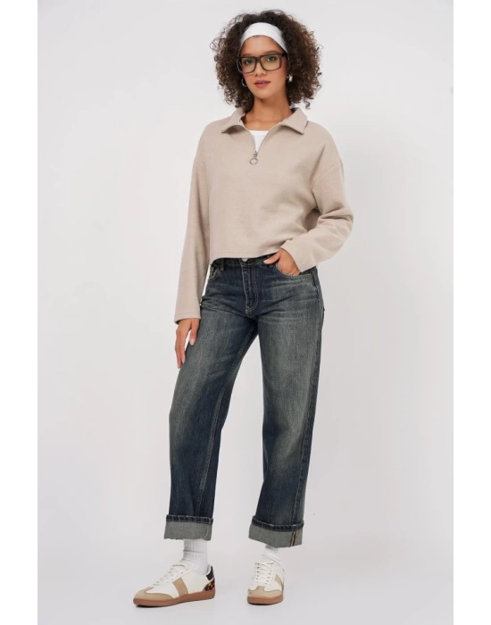 55449 Fermuarlı Yaka Örme Sweatshirt - Krem