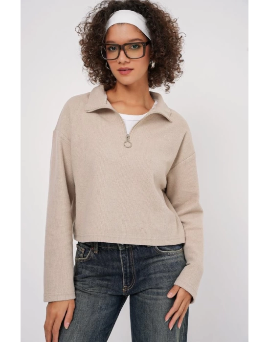 55449 Fermuarlı Yaka Örme Sweatshirt - Krem