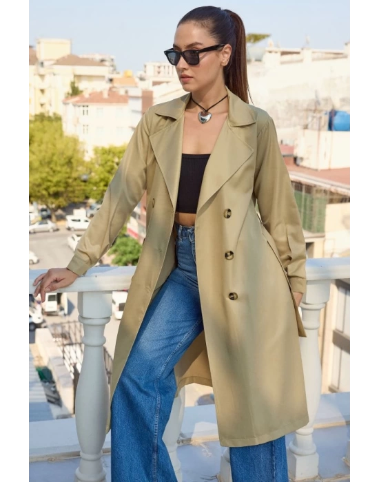 5853 Kruvaze Yaka Trençkot - A.Haki