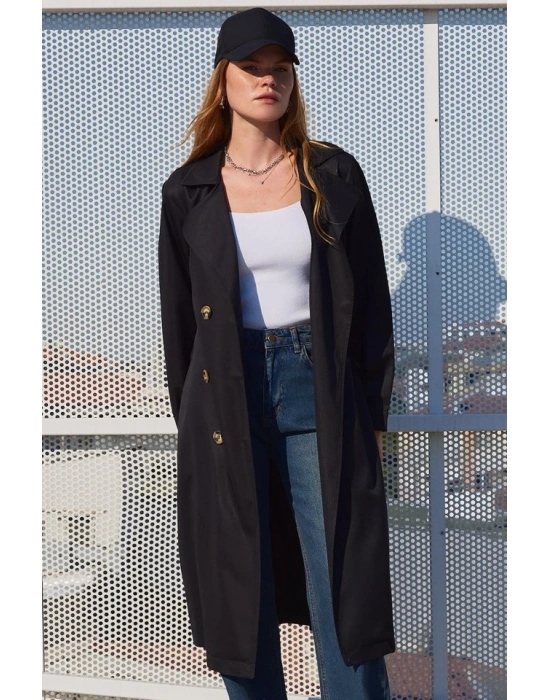 5853 Kruvaze Yaka Trençkot - Siyah