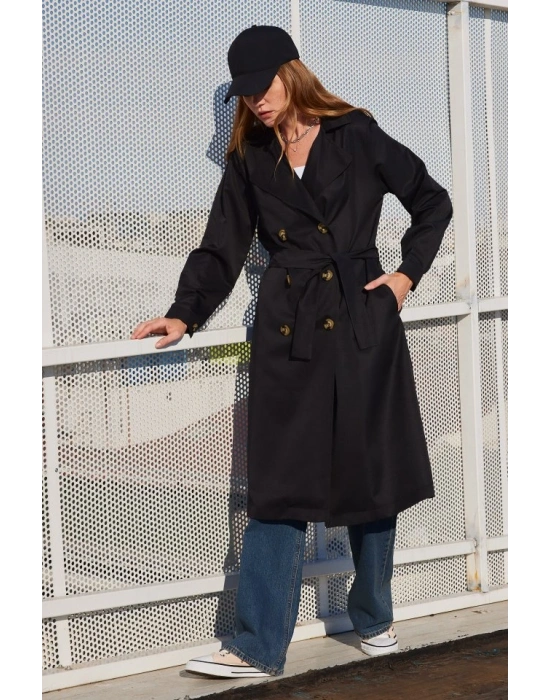 5853 Kruvaze Yaka Trençkot - Siyah