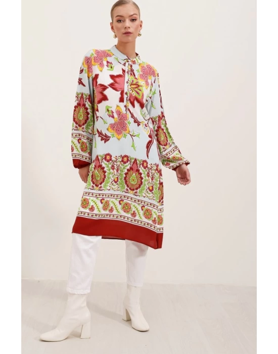 5903 Desenli Viskon Elbise - Bordo