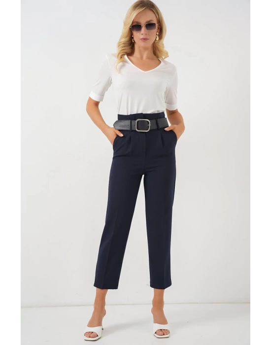 6556 Kemerli Kumaş Pantolon - Lacivert