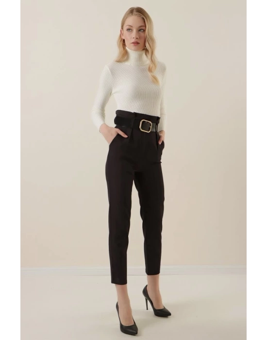 6556 Kemerli Kumaş Pantolon - Siyah