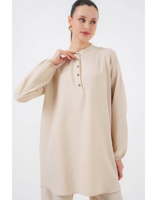 6678 Keten Tunik Pantolon İkili Takım - Bej