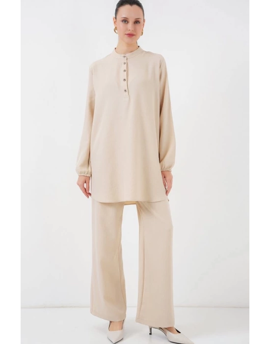 6678 Keten Tunik Pantolon İkili Takım - Bej