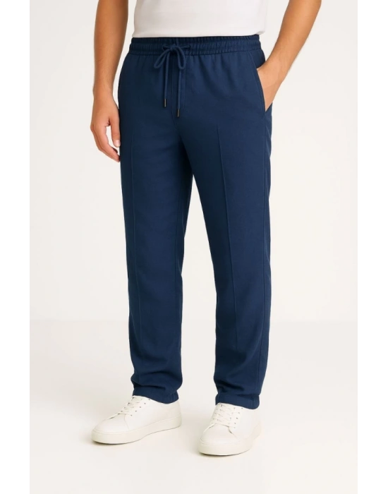 Erkek Keten Pantolon – Cepli, Beli Lastikli Ve Bağcıklı, Nefes Alan Rahat Kalıp, Yazlık Ve Baharlık Günlük Giyim, Şık - Konforlu Boru Paça Model - Lacivert