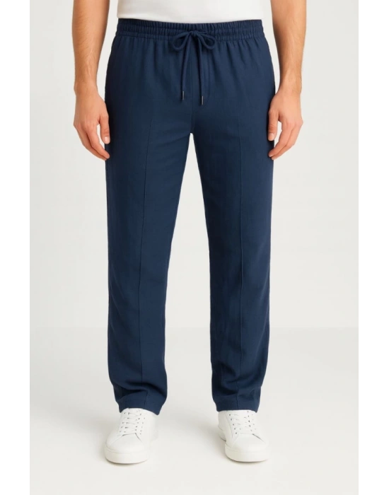 Erkek Keten Pantolon – Cepli, Beli Lastikli Ve Bağcıklı, Nefes Alan Rahat Kalıp, Yazlık Ve Baharlık Günlük Giyim, Şık - Konforlu Boru Paça Model - Lacivert