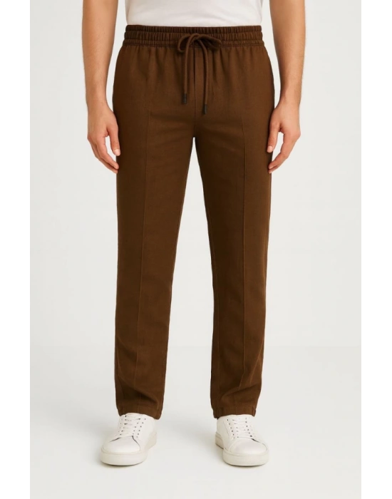 Erkek Keten Pantolon – Cepli, Beli Lastikli Ve Bağcıklı, Nefes Alan Rahat Kalıp, Yazlık Ve Baharlık Günlük Giyim, Şık - Konforlu Boru Paça Model - Kahverengi