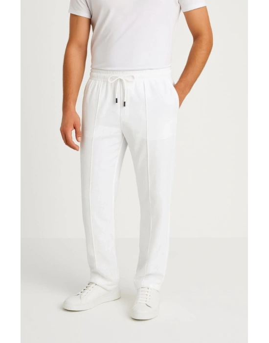 Erkek Keten Pantolon – Cepli, Beli Lastikli Ve Bağcıklı, Nefes Alan Rahat Kalıp, Yazlık Ve Baharlık Günlük Giyim, Şık - Konforlu Boru Paça Model - Beyaz