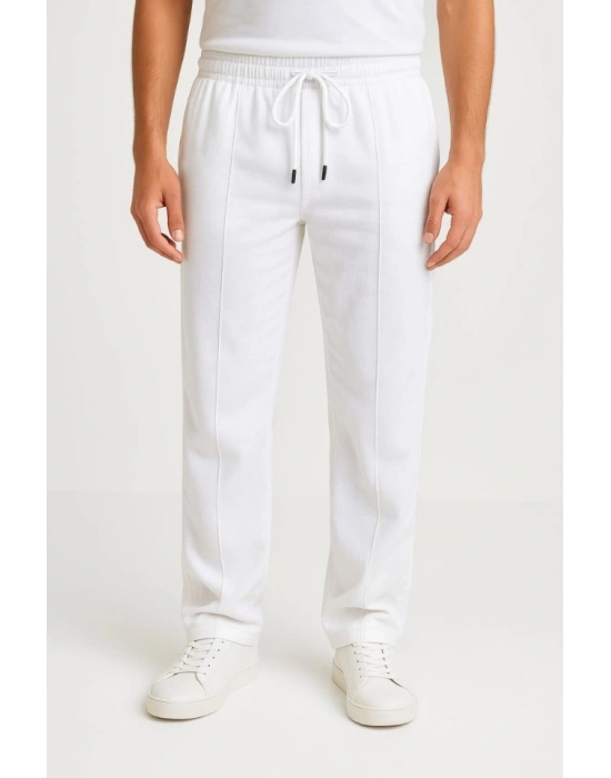 Erkek Keten Pantolon – Cepli, Beli Lastikli Ve Bağcıklı, Nefes Alan Rahat Kalıp, Yazlık Ve Baharlık Günlük Giyim, Şık - Konforlu Boru Paça Model - Beyaz