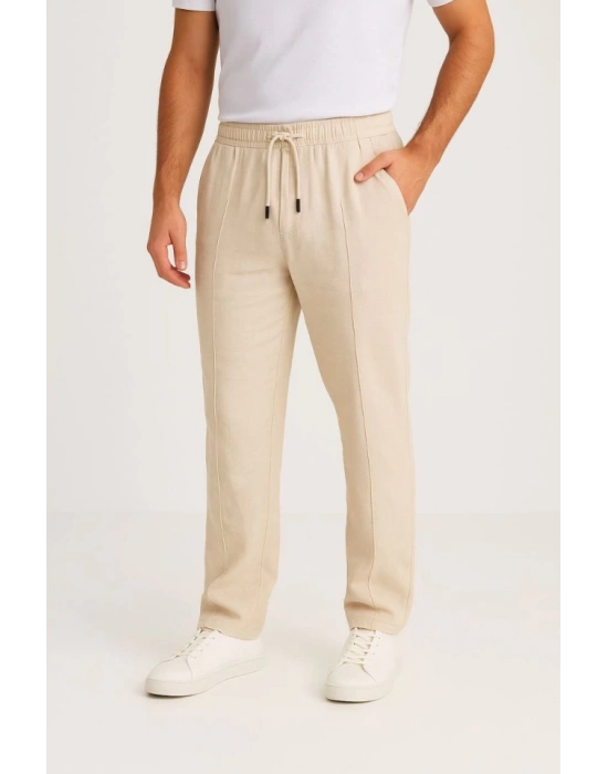 Erkek Keten Pantolon – Cepli, Beli Lastikli Ve Bağcıklı, Nefes Alan Rahat Kalıp, Yazlık Ve Baharlık Günlük Giyim, Şık - Konforlu Boru Paça Model - Bej