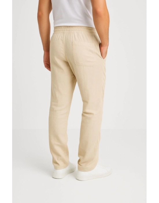 Erkek Keten Pantolon – Cepli, Beli Lastikli Ve Bağcıklı, Nefes Alan Rahat Kalıp, Yazlık Ve Baharlık Günlük Giyim, Şık - Konforlu Boru Paça Model - Bej