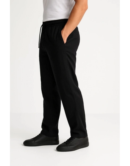 Erkek Keten Pantolon – Cepli, Beli Lastikli Ve Bağcıklı, Nefes Alan Rahat Kalıp, Yazlık Ve Baharlık Günlük Giyim, Şık - Konforlu Boru Paça Model - Siyah