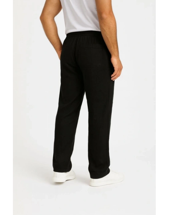 Erkek Keten Pantolon – Cepli, Beli Lastikli Ve Bağcıklı, Nefes Alan Rahat Kalıp, Yazlık Ve Baharlık Günlük Giyim, Şık - Konforlu Boru Paça Model - Siyah