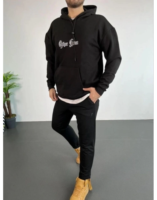Erkek Kapşonlu Sweatshirt – Oversize Üç İplik Şardonlu Hoodie, “Other Lives” Ön - Arka Baskılı, Kanguru Cepli, Kışlık Rahat Günlük Stil - Siyah