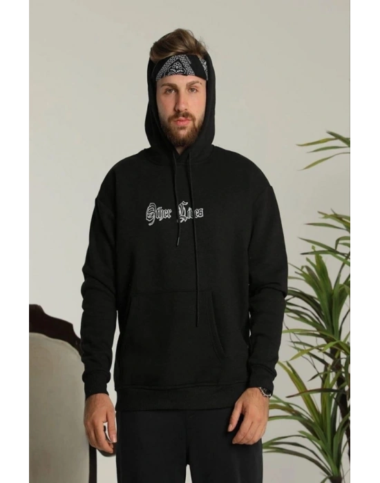 Erkek Kapşonlu Sweatshirt – Oversize Üç İplik Şardonlu Hoodie, “Other Lives” Ön - Arka Baskılı, Kanguru Cepli, Kışlık Rahat Günlük Stil - Siyah