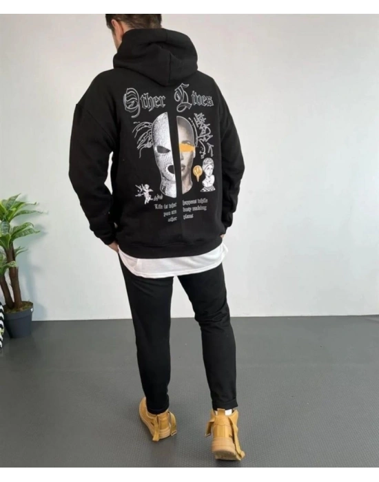 Erkek Kapşonlu Sweatshirt – Oversize Üç İplik Şardonlu Hoodie, “Other Lives” Ön - Arka Baskılı, Kanguru Cepli, Kışlık Rahat Günlük Stil - Siyah