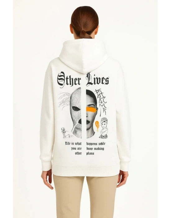 Kapşonlu Sweatshirt – Oversize Üç İplik Şardonlu Hoodie, “Other Lives” Ön - Arka Baskılı, Kanguru Cepli, Kışlık Rahat Günlük Stil - Beyaz
