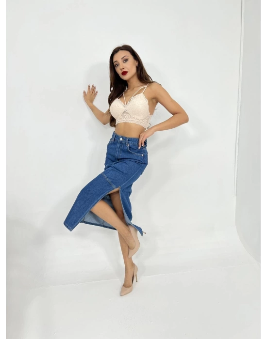 6900 SLIPPED MIDI SKIRT-MAVİ