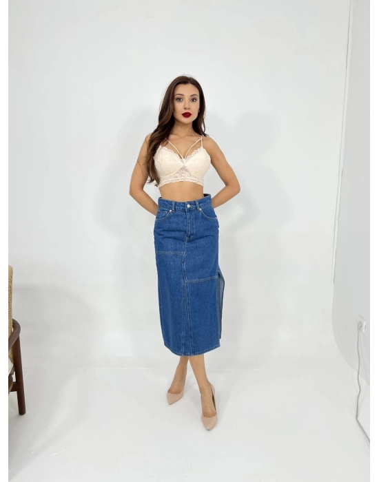 6900 SLIPPED MIDI SKIRT-MAVİ