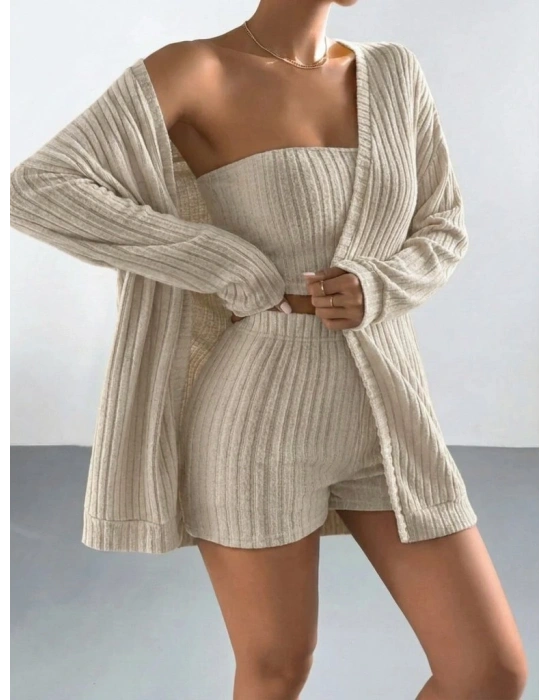 Kadın Uzun Kollu önü Açık şardonlu Kaşkorse Ceket Büstiyer Ve Short üçlü