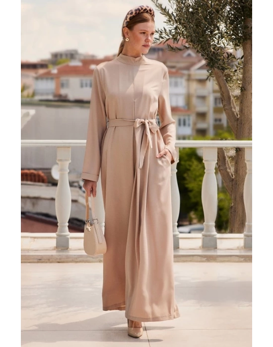 7028 Uzun Tulum Elbise - Bej