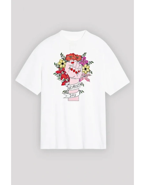 8 Mart Dünya Kadınlar Günü Baskılı Oversize Bisiklet Yaka T-shirt - Beyaz