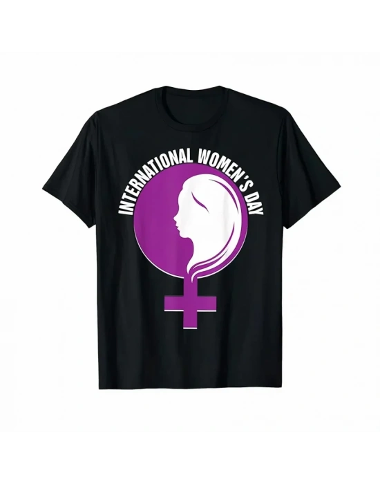 8 Mart Dünya Kadınlar Günü Baskılı Oversize Bisiklet Yaka T-shirt - Siyah