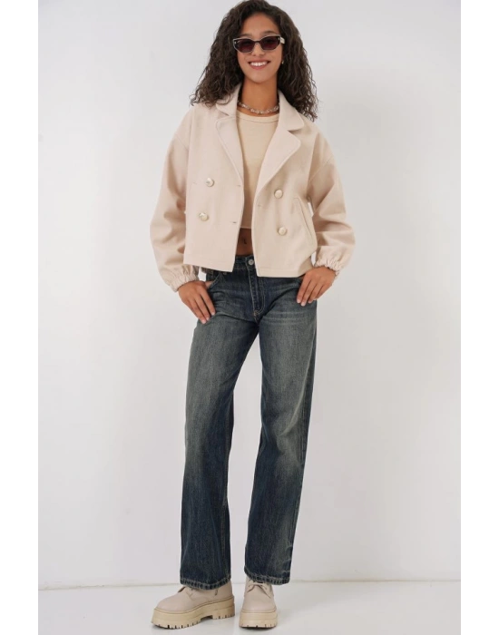 9117 Kruvaze Yaka Crop Ceket - Bej