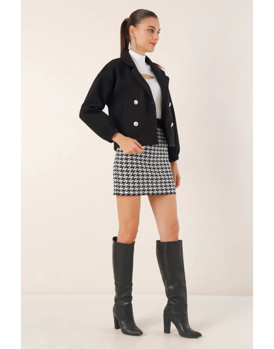 9117 Kruvaze Yaka Crop Ceket - Siyah