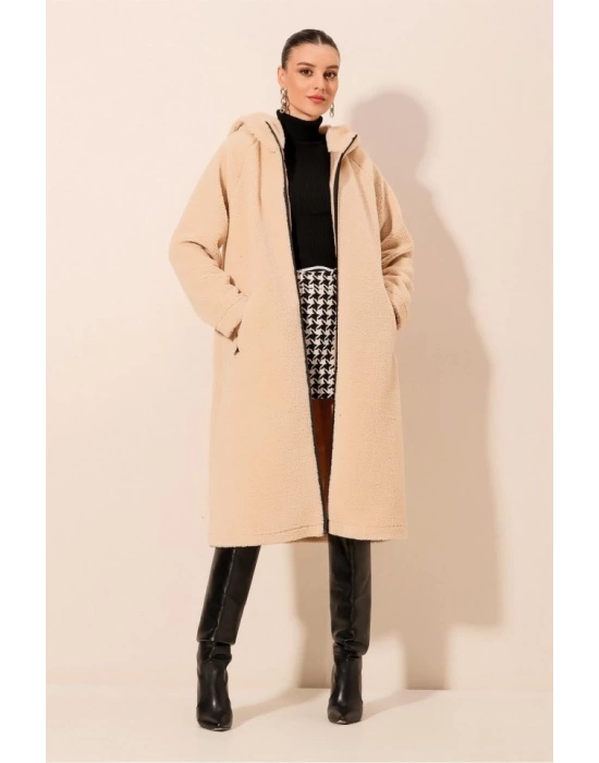 9132 Kapüşonlu Peluş Kaban - Krem