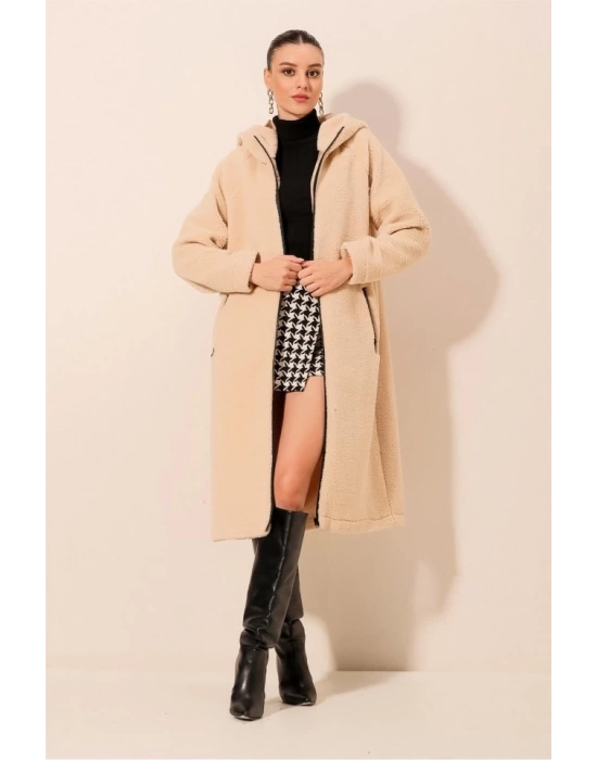 9132 Kapüşonlu Peluş Kaban - Krem