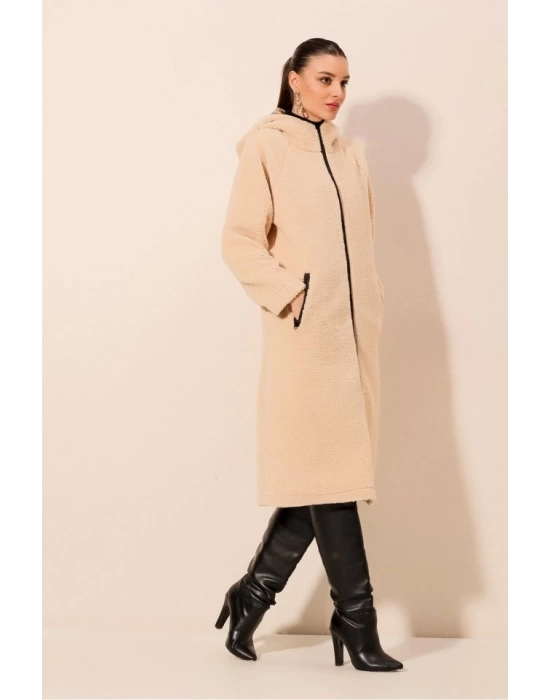 9132 Kapüşonlu Peluş Kaban - Krem