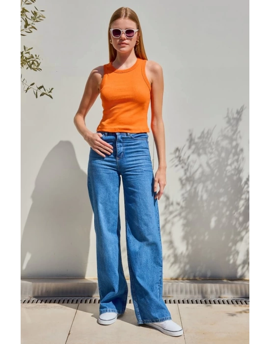 917 Bisiklet Yaka Fitilli Kolsuz Bluz - Turuncu